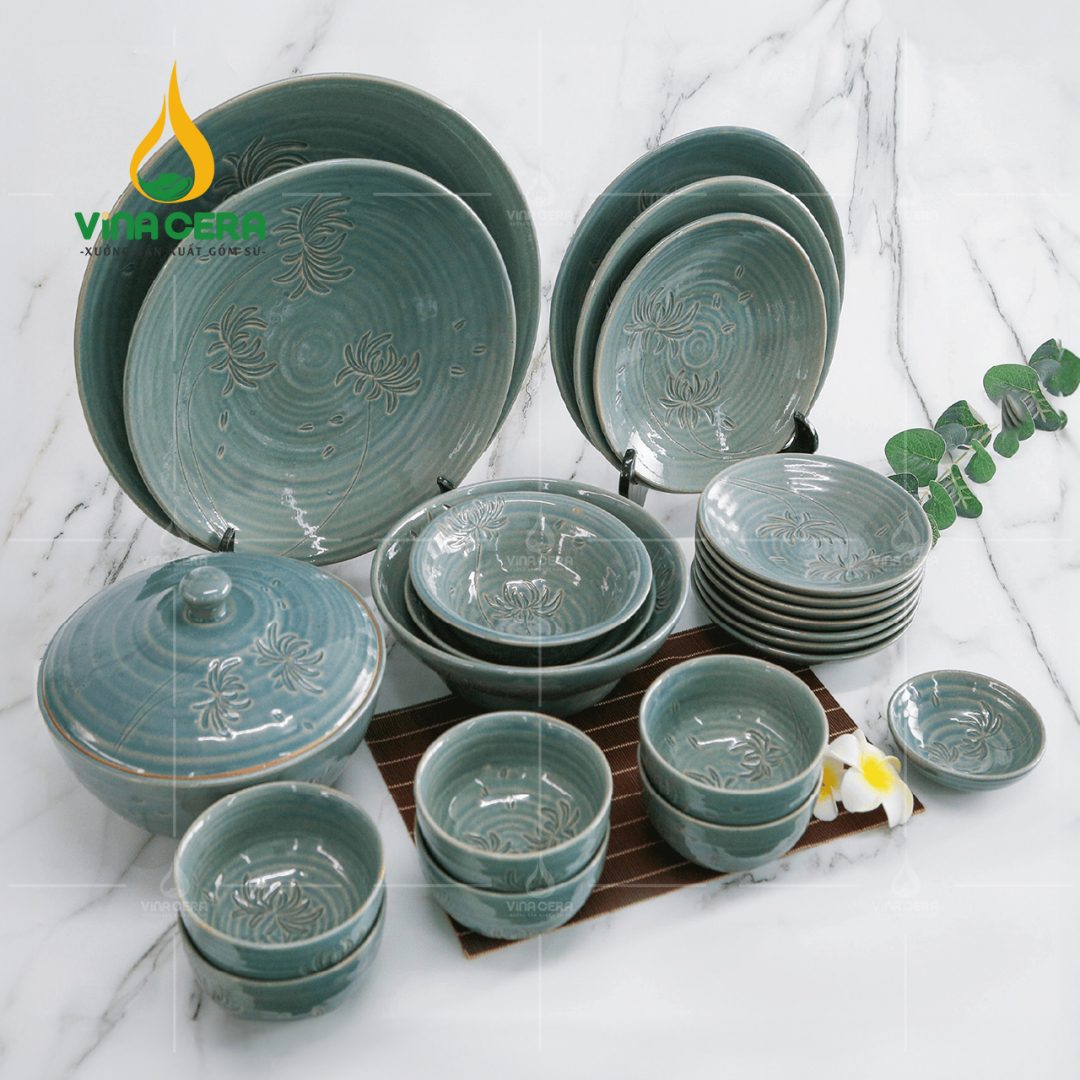 Vinacera - Chuyên Sản Xuất Bát Đĩa, Chén Dĩa Theo Yêu Cầu Bộ Bát Đĩa Bát Tràng Hỏa Biến Gấm Xanh