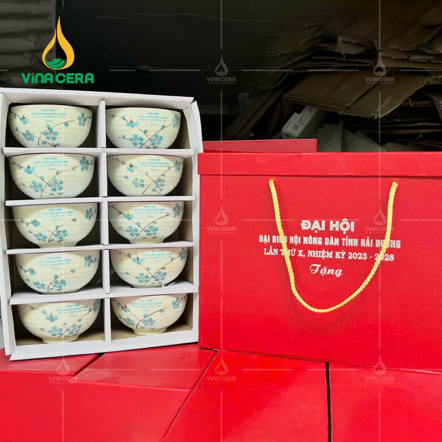 Vinacera - Chuyên Sản Xuất Bát Đĩa, Chén Dĩa Theo Yêu Cầu Bộ 10 chén in logo