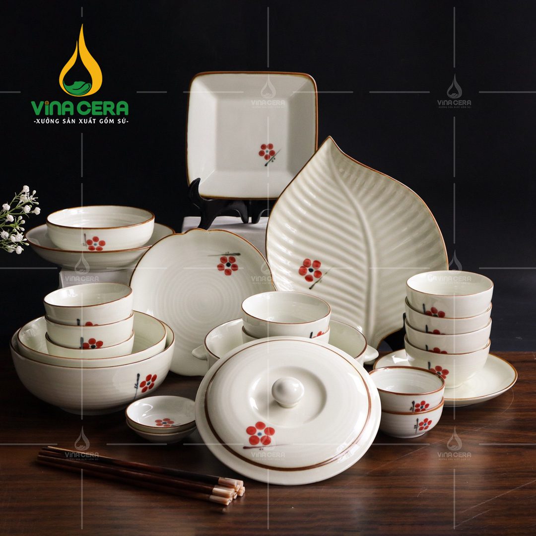 Bộ Bàn Ăn Bát Tràng Họa Tiết Hoa Đào Nhỏ - BBA 102411 Bộ bàn ăn Bát Tràng họa tiết hoa đào nhỏ