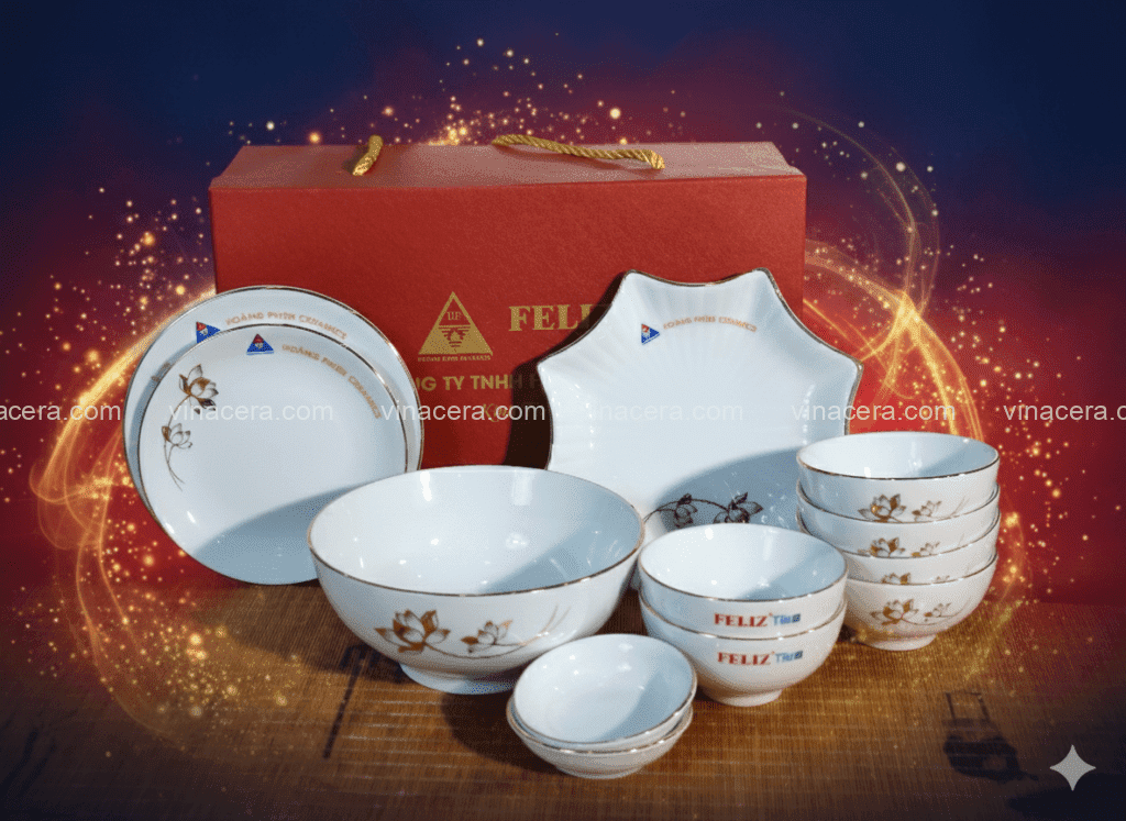 Bộ Bát Đĩa Men Trắng Hoa Sen Chỉ Vàng Kim 16 Món Bát Tràng Bộ Đồ Ăn Bát Tràng Hoa Sen Chỉ Vàng Kim 16 Món Quà Tặng Doanh Nghiệp