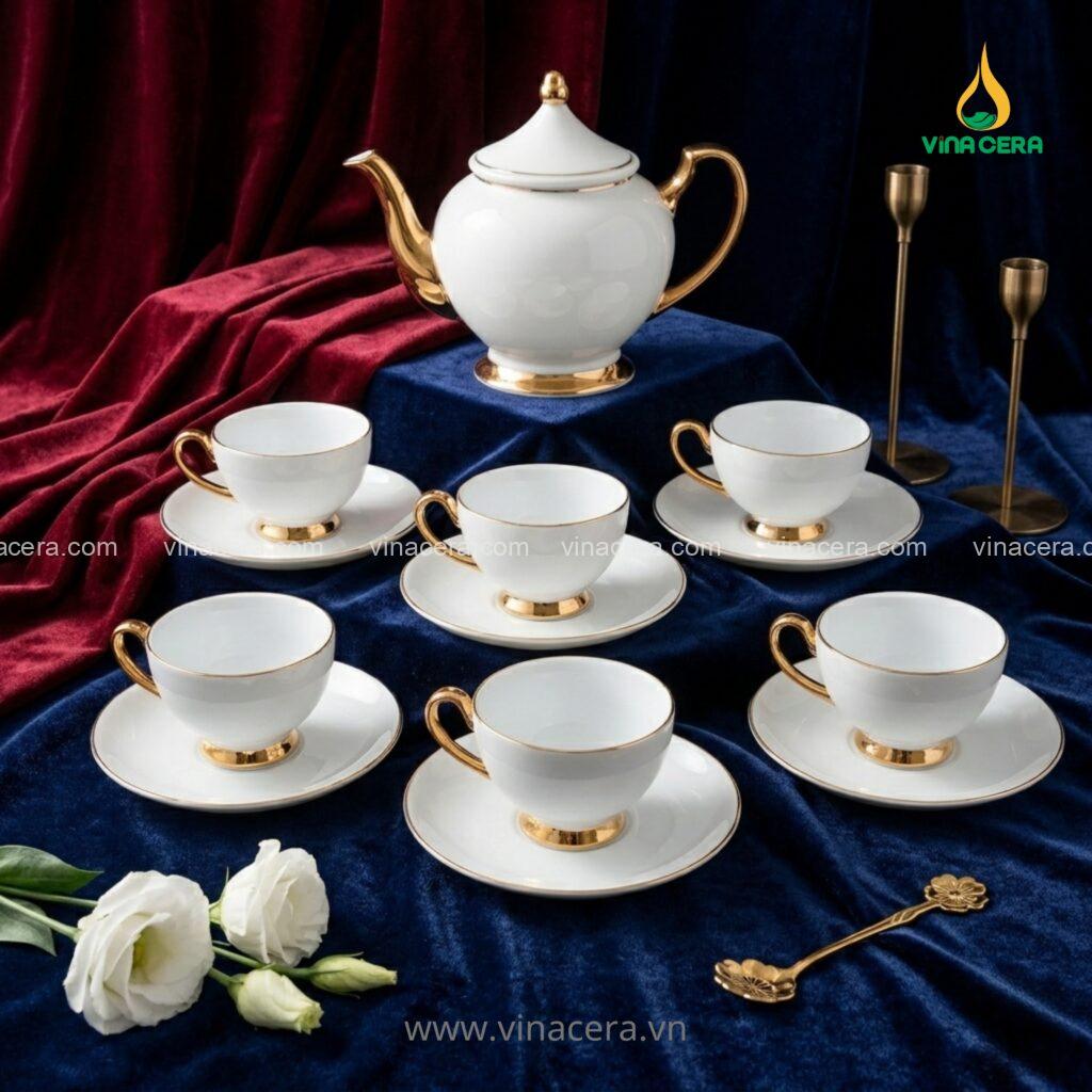 Bộ ấm chén Bát Tràng mạ vàng cao cấp làm quà biếu sang trọng