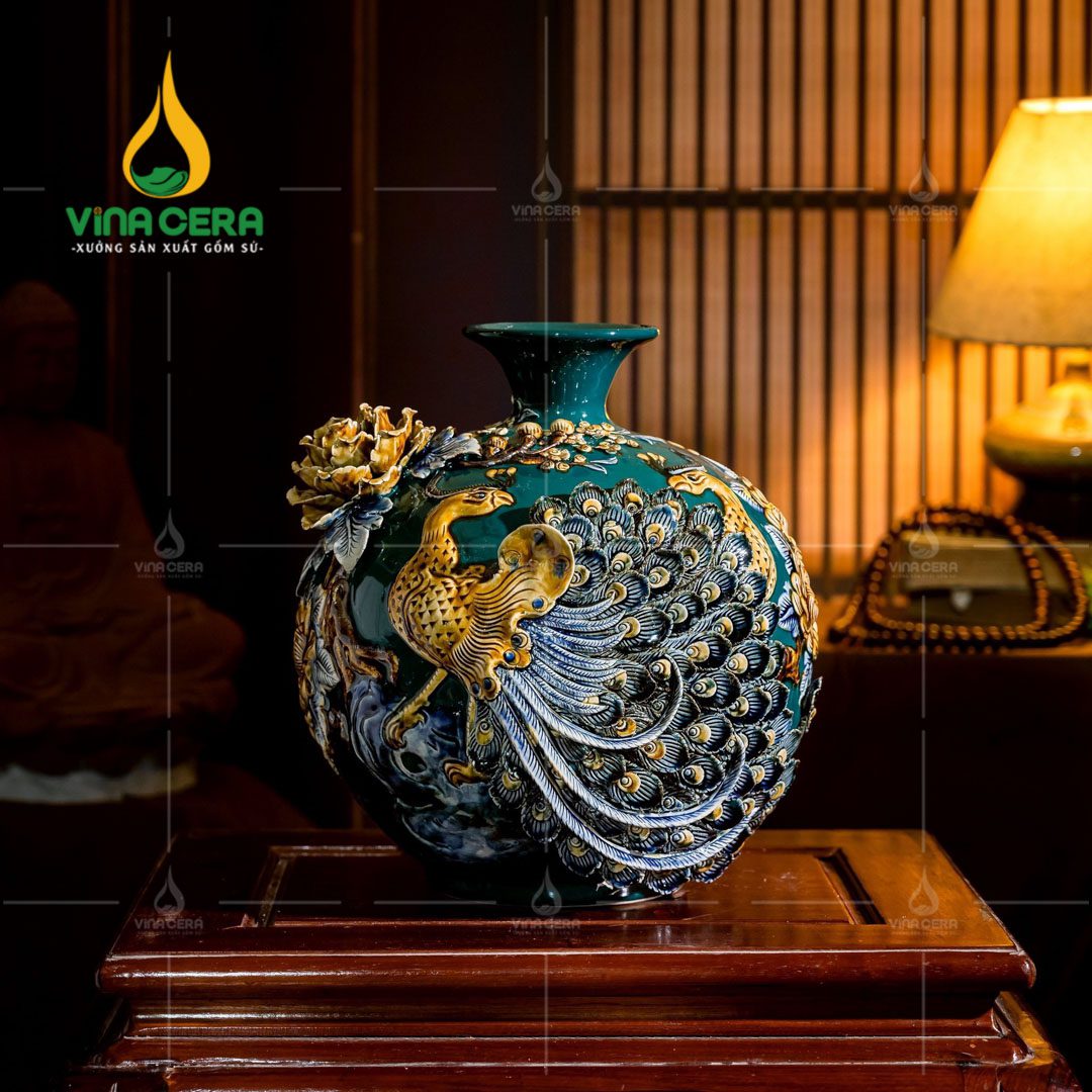 Bình Hút Lộc Đôi Công Đắp Nổi Hoa Phù Dung - BHL 3580724 Bình hút lộc đắp nổi men công đào