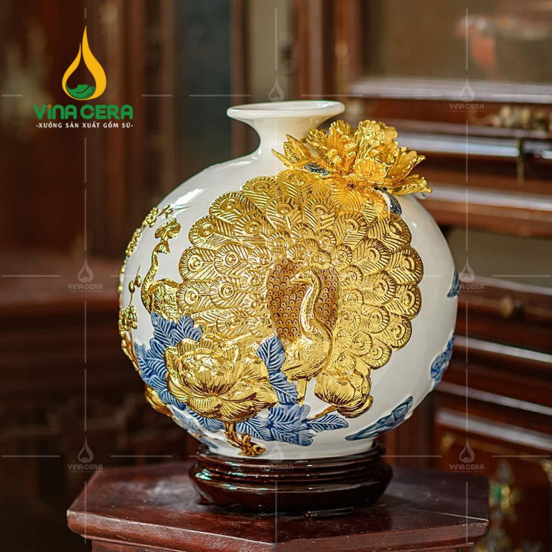 Bình Hút Lộc Đắp Nổi Vàng Công Đào - BHL 3980924 Bình hút lộc đắp nổi vàng Công Đào