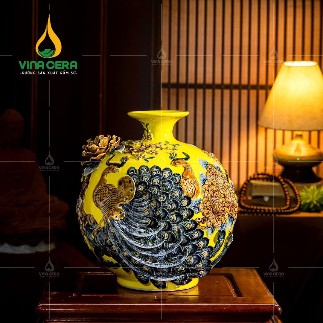 Xưởng Sản Xuất Bình Hút Tài Lộc Bát Tràng Theo Yêu Cầu - Giá Tốt Bình Hút Lộc Đôi Công Đắp Nổi Hoa Phù Dung