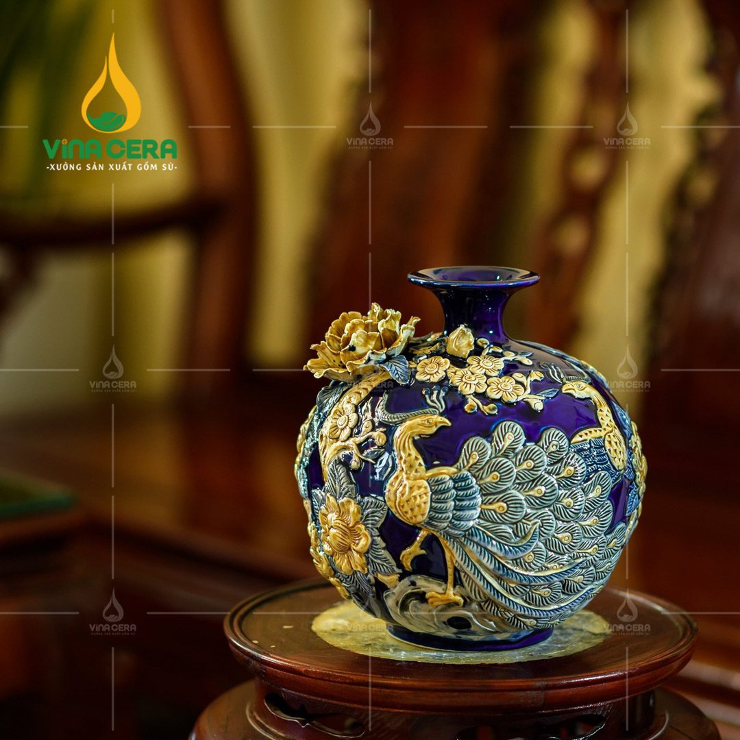 Bình Hút Lộc Đôi Công Đắp Nổi Hoa Phù Dung - BHL 3580724 Bình Hút Lộc Đôi Công Đắp Nổi Hoa Phù Dung