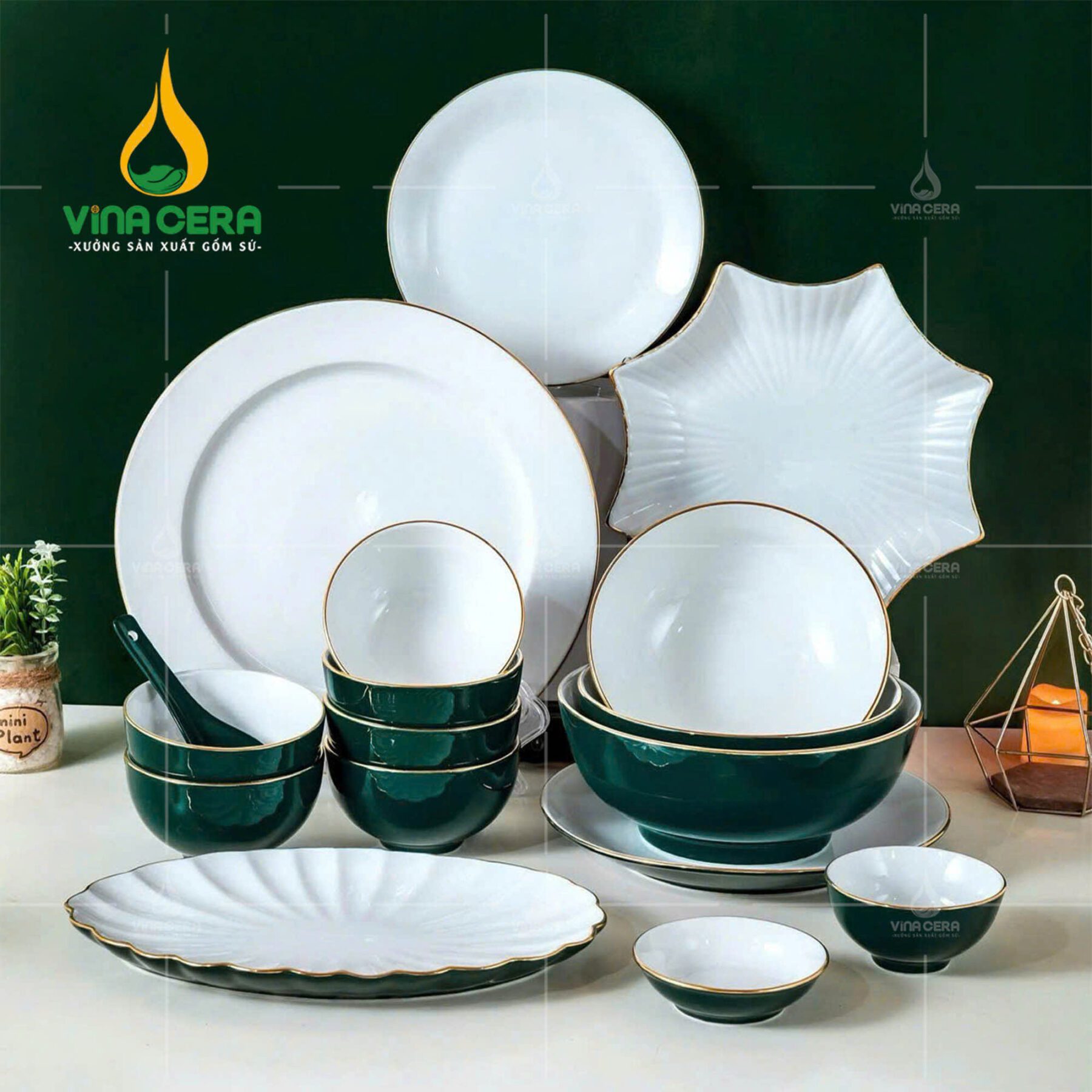 Bộ Bàn Ăn Men Màu Xanh Lục 13 Sản Phẩm BBA-03052224 Bộ Bàn Ăn Men Màu Xanh Lục