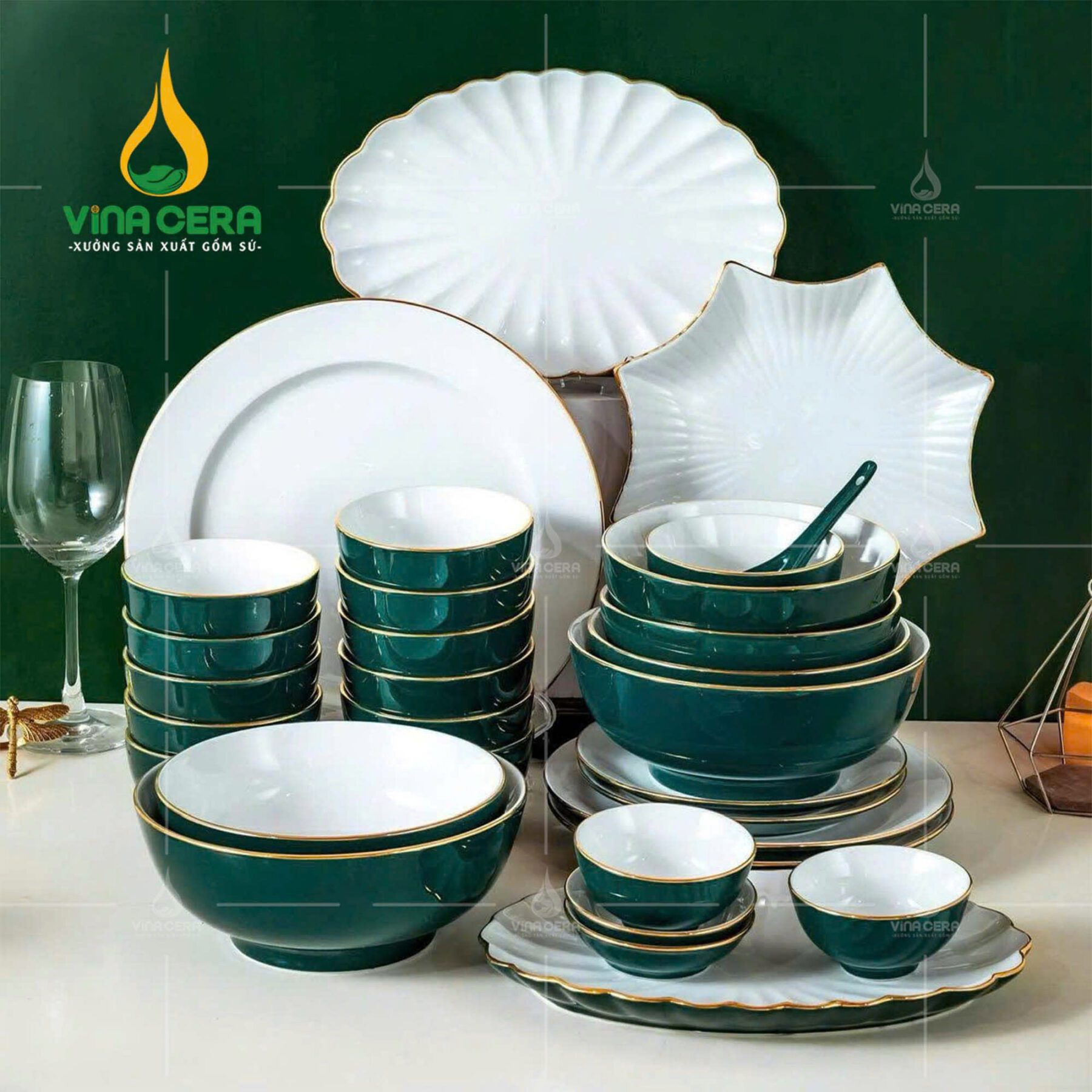 Bộ Bàn Ăn Men Màu Xanh Lục 13 Sản Phẩm BBA-03052224 Bộ Bàn Ăn Men Màu Xanh Lục