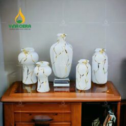 Bình Hoa Sứ Trắng Vẽ Vàng In Logo - SVN BH 07032405
