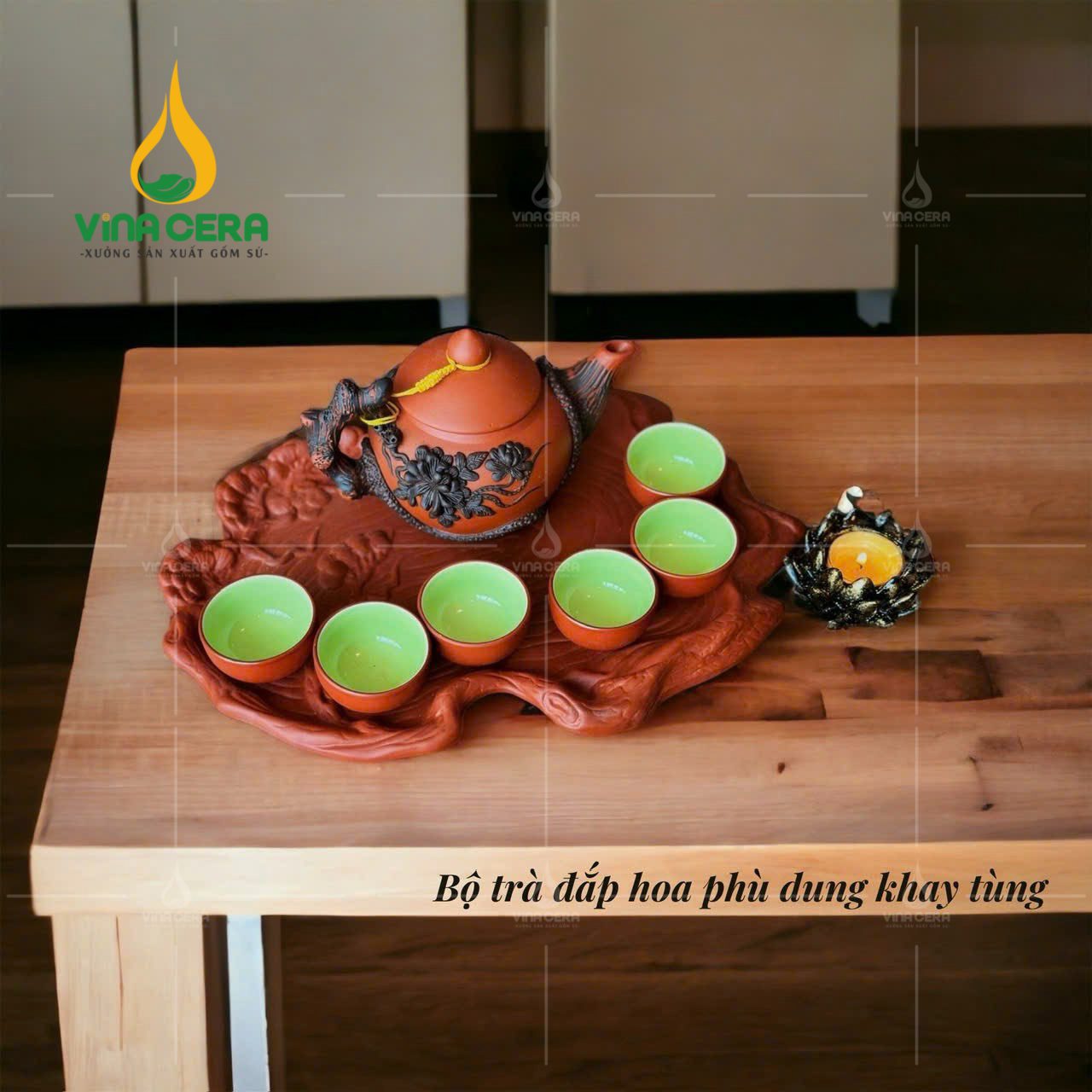 bộ ấm trà gốm bát tràng đắp nổi