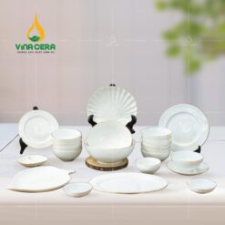 Bộ Bàn Ăn Sứ Trắng Kẻ Vàng 22 Sản Phẩm Bát Tràng
