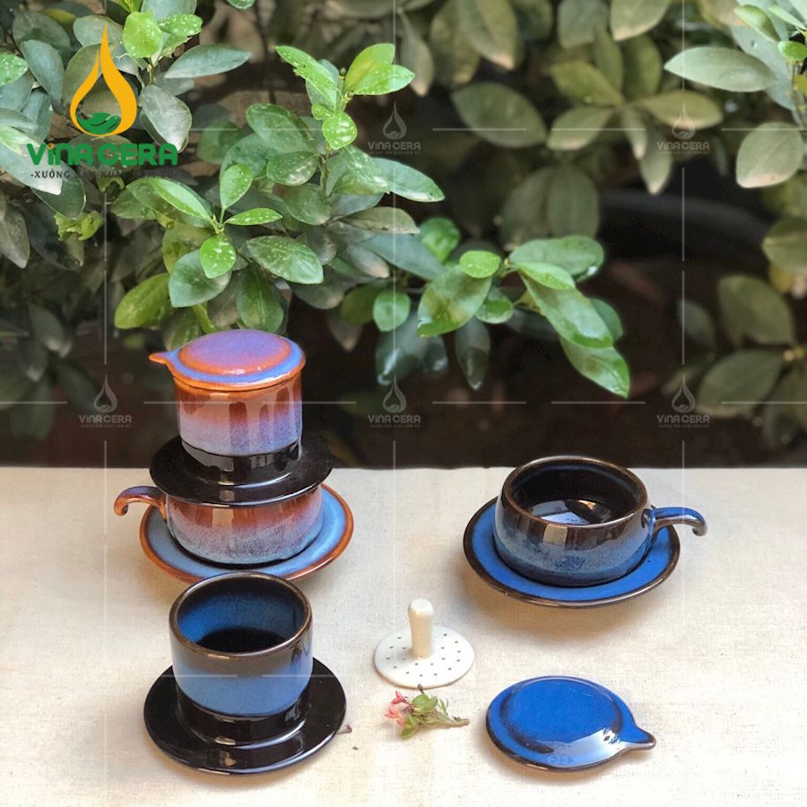 Bộ phin pha cà phê gốm Bát Tràng men hỏa biến