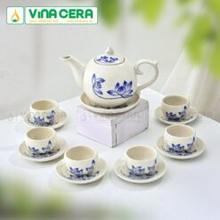 Bộ Trà Men Kem Trắng Vẽ Sen Xanh