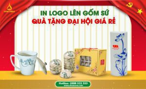 In logo trên gốm sứ quà tặng Đại hội, giá rẻ, chất lượng