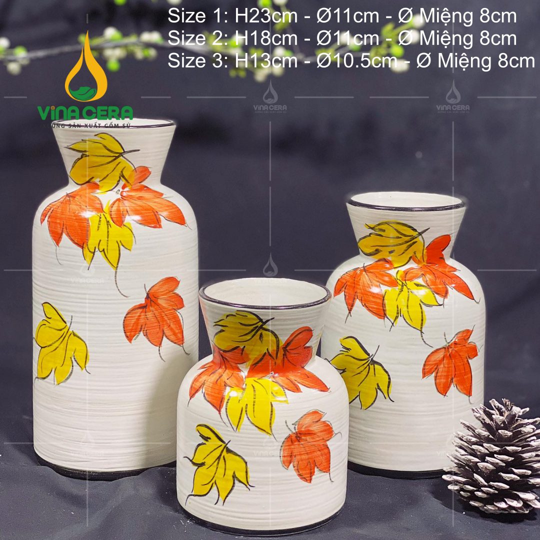 Bình Hoa Gốm Bát Tràng Vẽ Lá Vàng