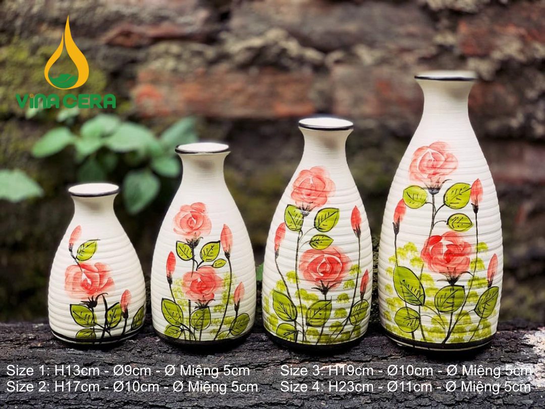 Bình Hoa Gốm Bát Tràng Vẽ Hoa Hồng - SVN BH 12042402 Bình Hoa Gốm Bát Tràng Vẽ Hoa Hồng