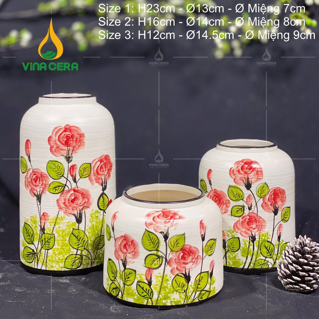 Bình Hoa Gốm Bát Tràng Vẽ Hoa Hồng - SVN BH 12042402 Bình Hoa Gốm Bát Tràng Vẽ Hoa Hồng