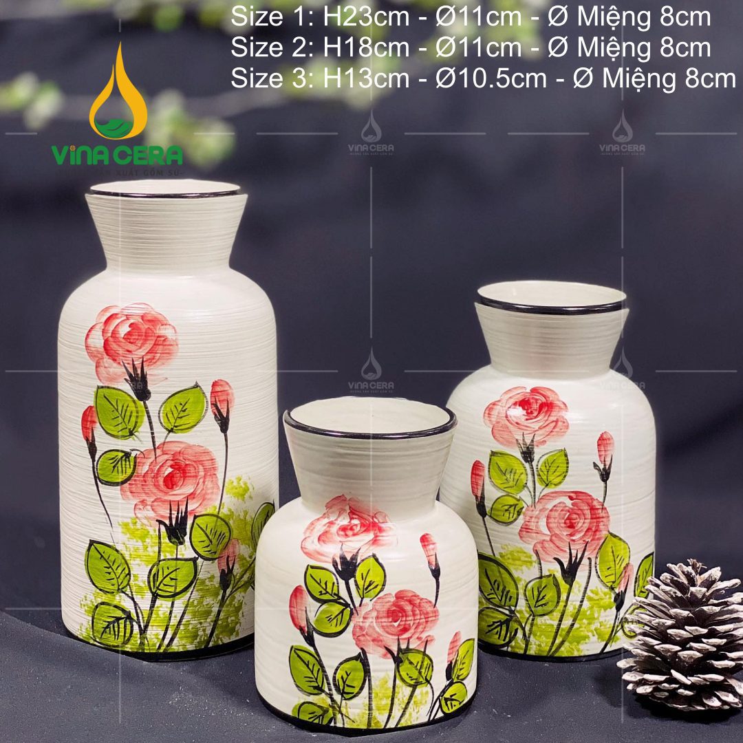 Bình Hoa Gốm Bát Tràng Vẽ Hoa Hồng - SVN BH 12042402 Bình Hoa Gốm Bát Tràng Vẽ Hoa Hồng
