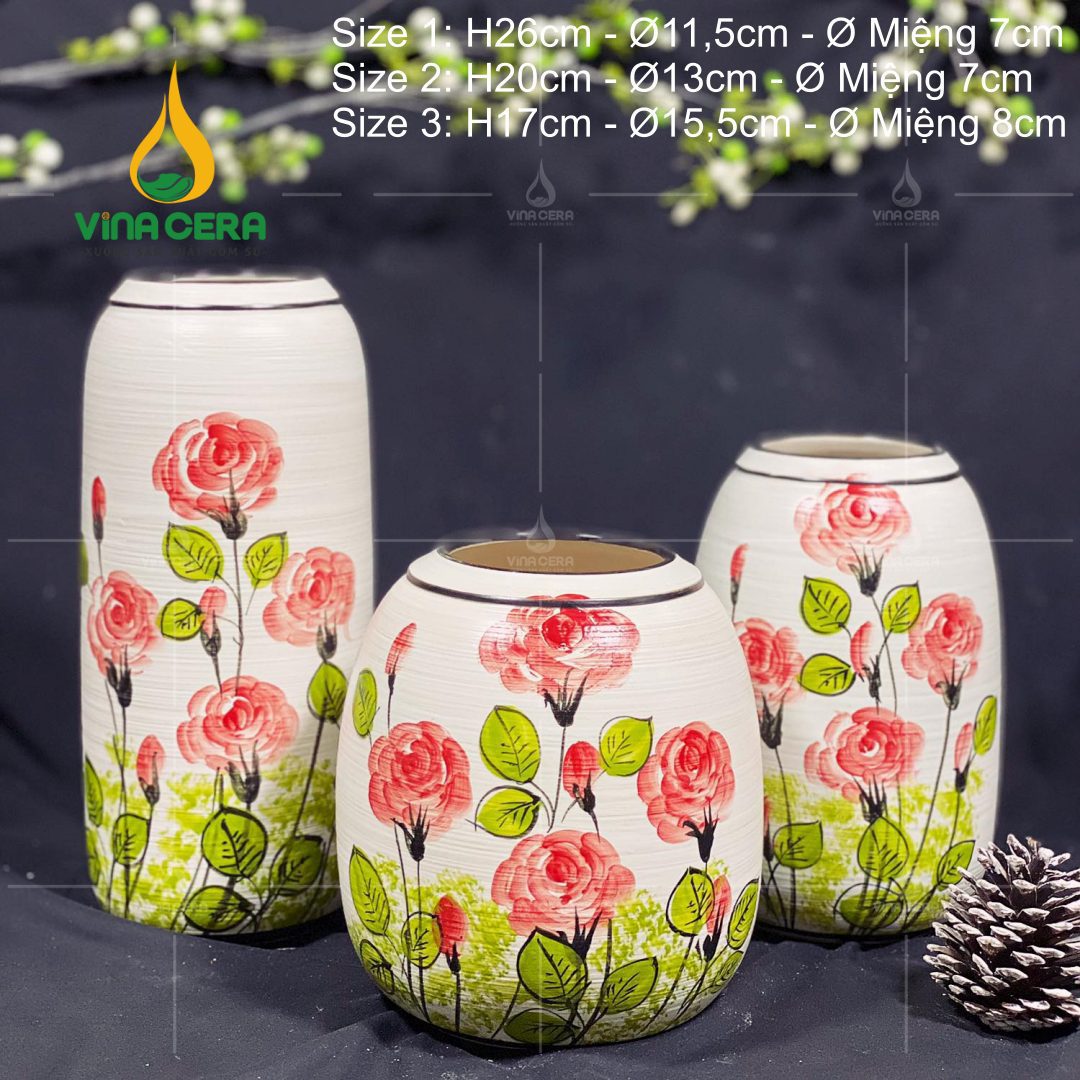 Bình Hoa Gốm Bát Tràng Vẽ Hoa Hồng - SVN BH 12042402 Bình Hoa Gốm Bát Tràng Vẽ Hoa Hồng