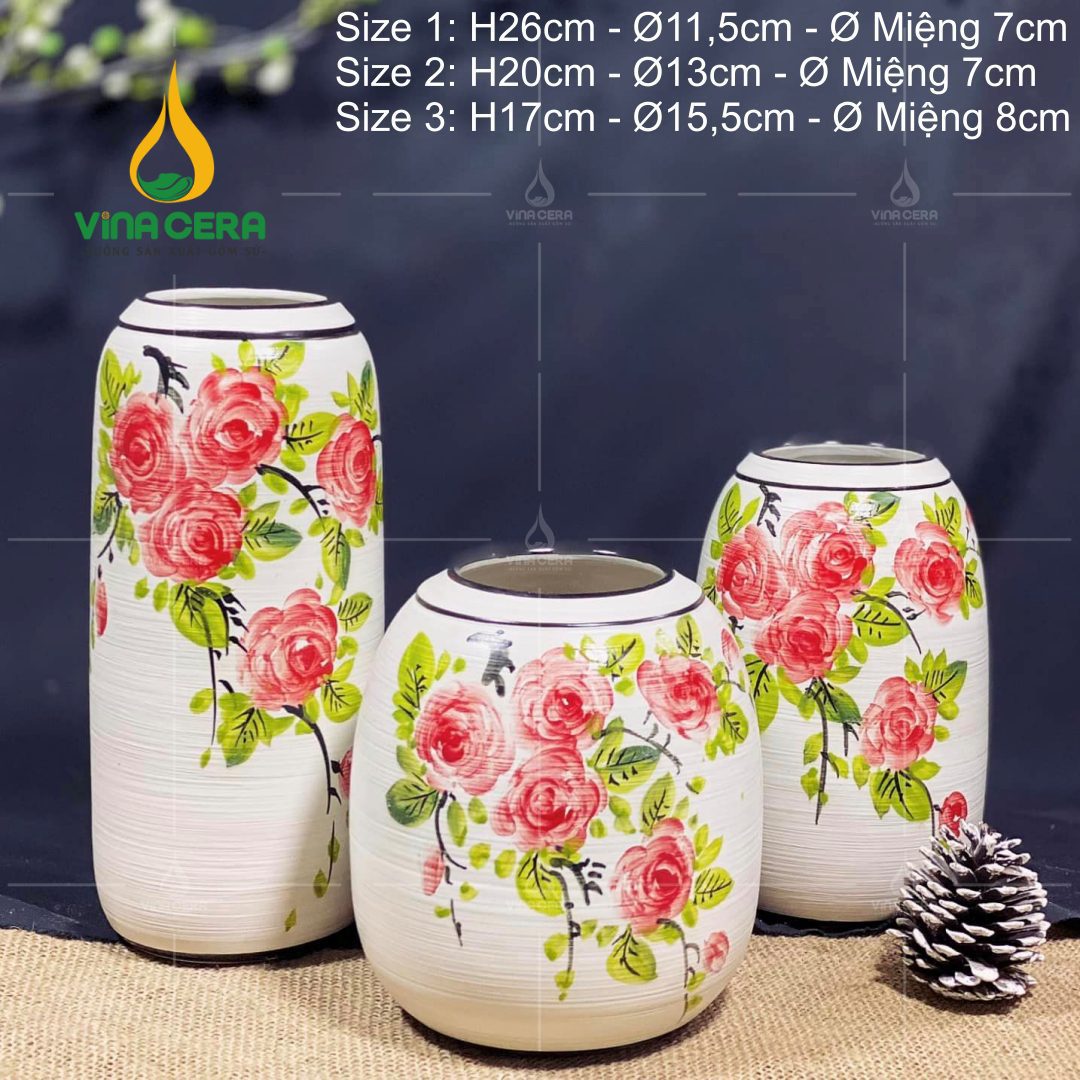 Bình Hoa Gốm Bát Tràng Vẽ Hoa Hồng - SVN BH 12042402 Bình Hoa Gốm Bát Tràng Vẽ Hoa Hồng