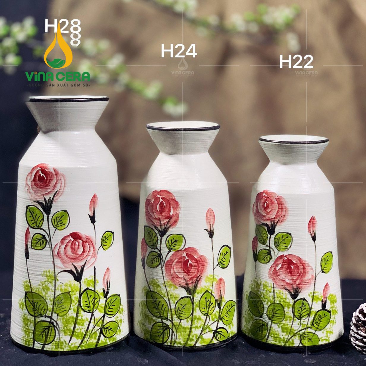 Bình Hoa Gốm Bát Tràng Vẽ Hoa Hồng - SVN BH 12042402 Bình Hoa Gốm Bát Tràng Vẽ Hoa Hồng