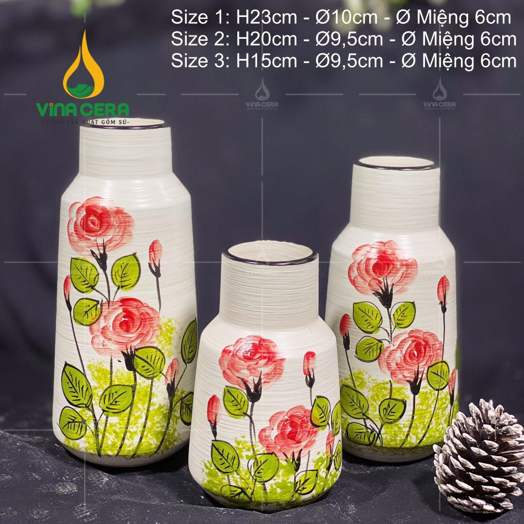 Bình Hoa Gốm Bát Tràng Vẽ Hoa Hồng - SVN BH 12042402 Bình Hoa Gốm Bát Tràng Vẽ Hoa Hồng