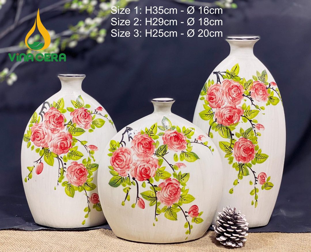 Bình Hoa Gốm Bát Tràng Vẽ Hoa Hồng - SVN BH 12042402 Bình Hoa Gốm Bát Tràng Vẽ Hoa Hồng