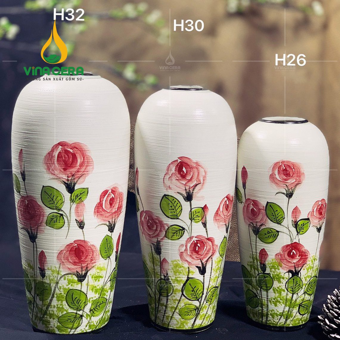 Bình Hoa Gốm Bát Tràng Vẽ Hoa Hồng - SVN BH 12042402 Bình Hoa Gốm Bát Tràng Vẽ Hoa Hồng