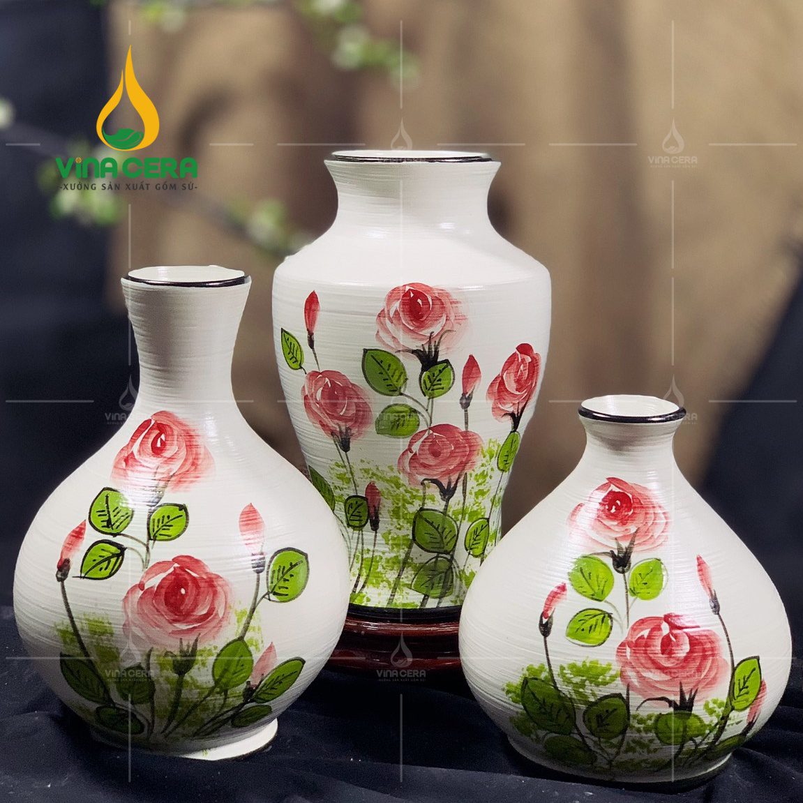 Bình Hoa Gốm Bát Tràng Vẽ Hoa Hồng - SVN BH 12042402 Bình Hoa Gốm Bát Tràng Vẽ Hoa Hồng