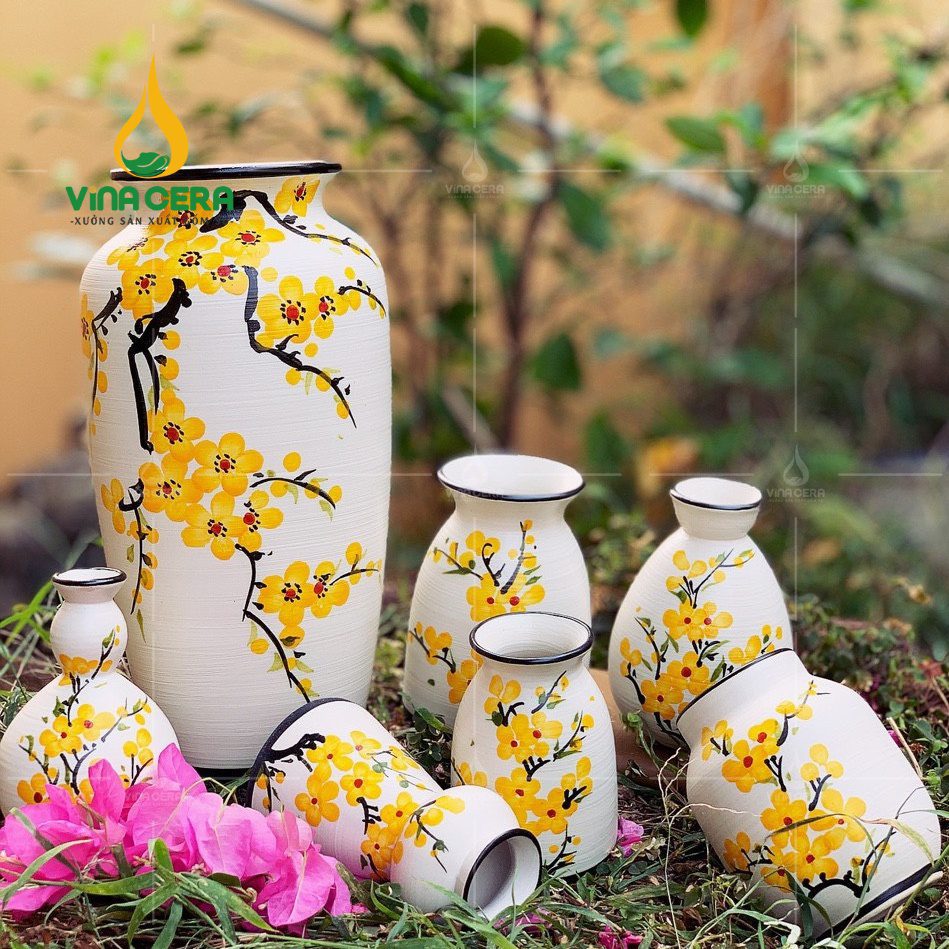 Bình Hoa Gốm Bát Tràng Vẽ Hoa Mai - SVN BH 12042403 Bình Hoa Gốm Bát Tràng Vẽ Hoa Mai