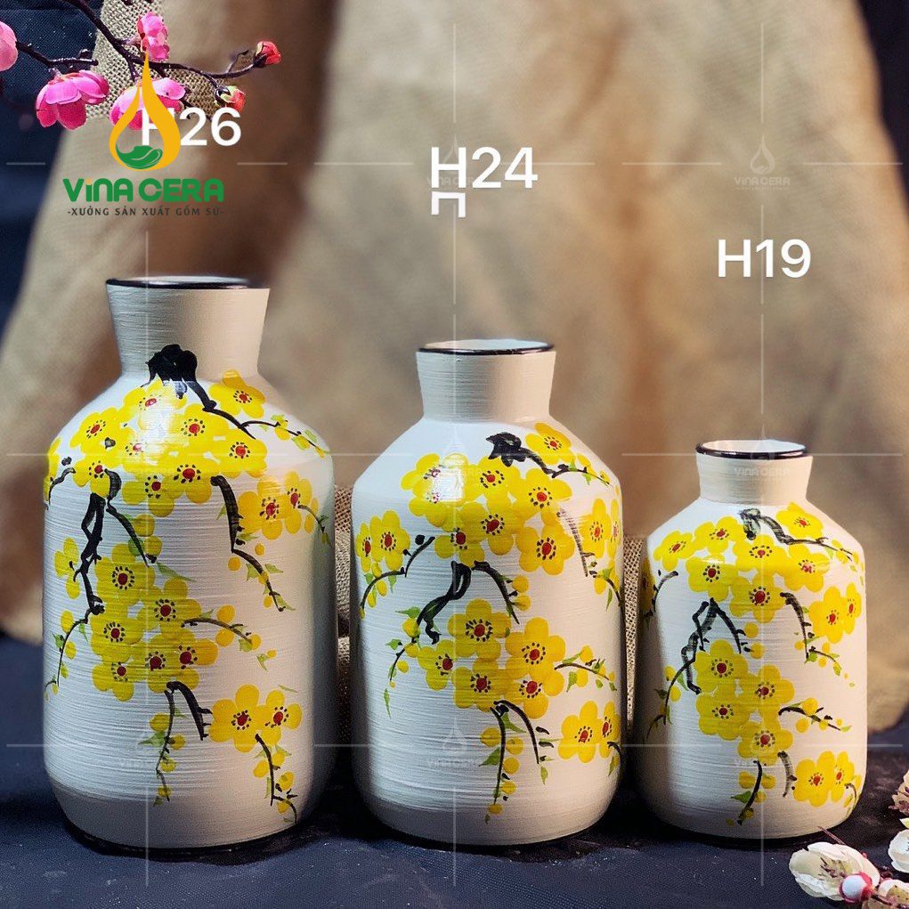 Bình Hoa Gốm Bát Tràng Vẽ Hoa Mai - SVN BH 12042403 Bình Hoa Gốm Bát Tràng Vẽ Hoa Mai