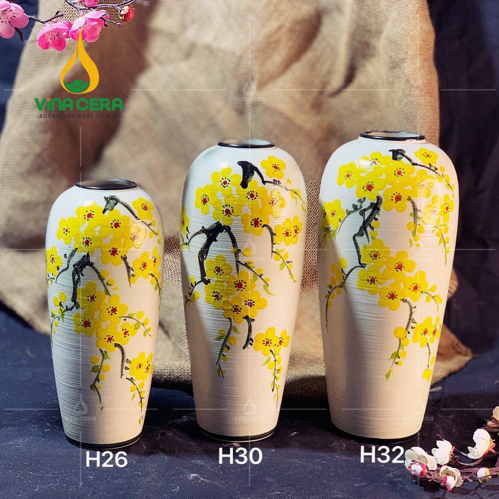 Bình Hoa Gốm Bát Tràng Vẽ Hoa Mai - SVN BH 12042403 Bình Hoa Gốm Bát Tràng Vẽ Hoa Mai