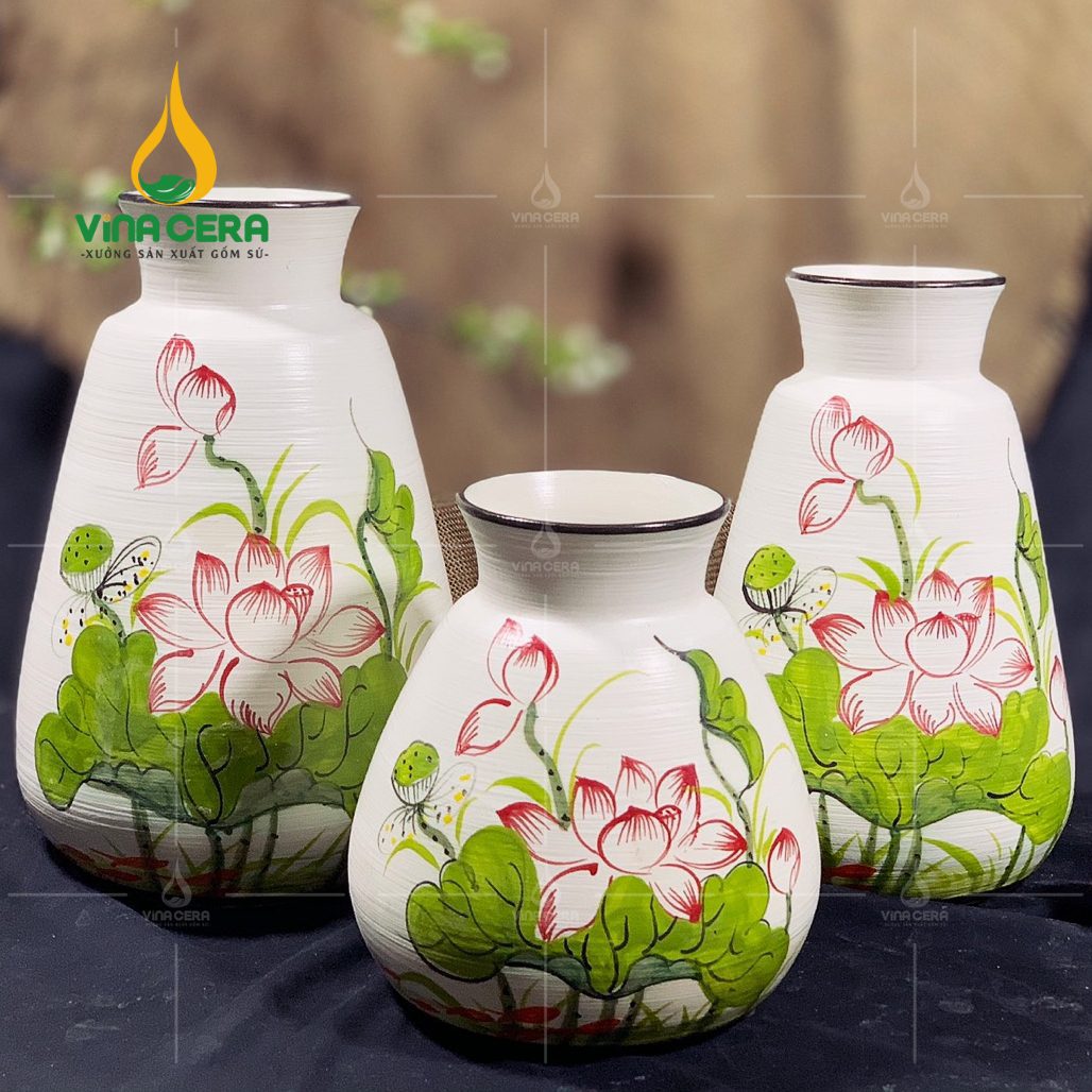 Bình Hoa Bát Tràng Vẽ Sen In Logo - SVN BH 10042401 Bình Hoa Bát Tràng Vẽ Sen In Logo