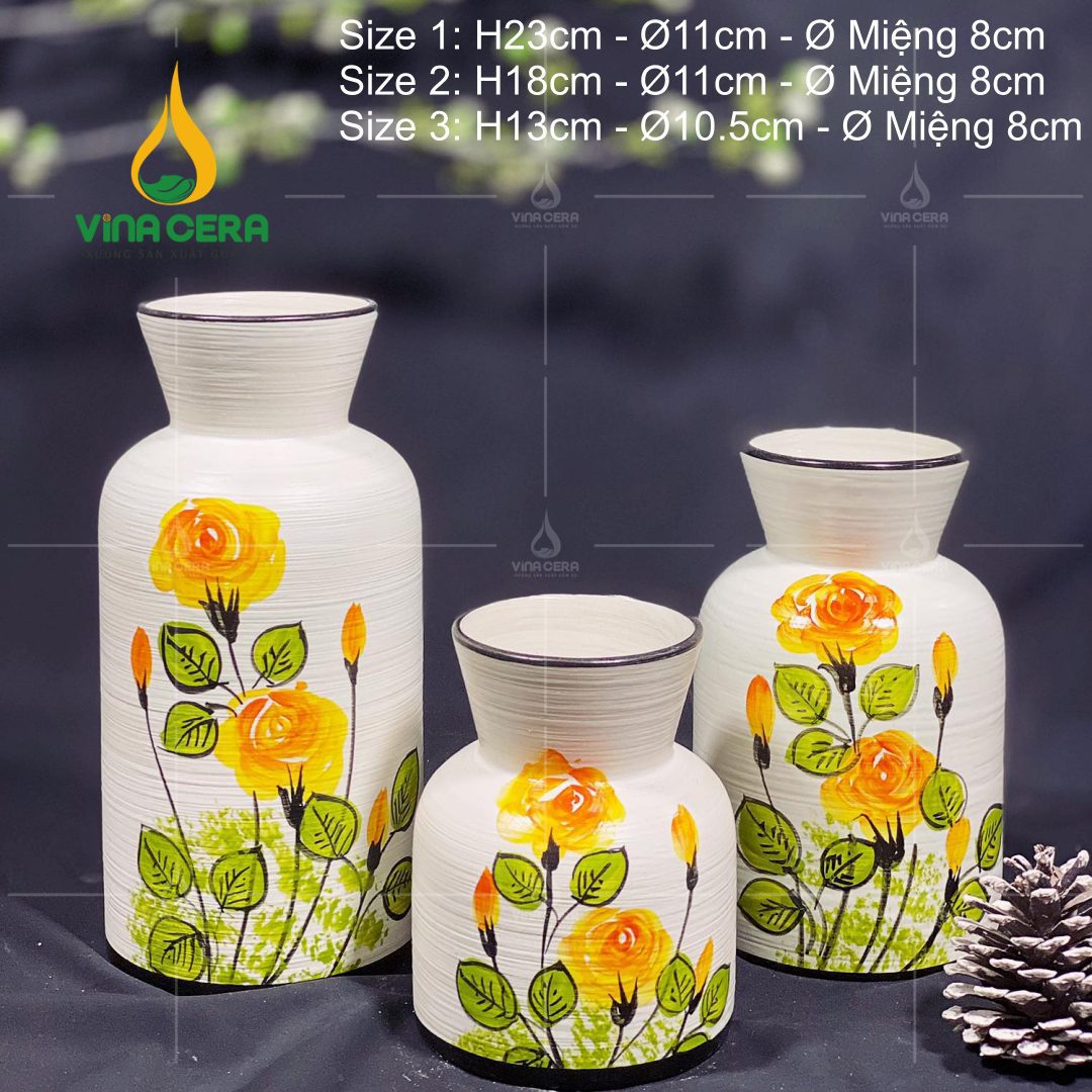 Bình Hoa Gốm Bát Tràng Vẽ Hoa Hồng - SVN BH 12042402 Bình Hoa Gốm Bát Tràng Vẽ Hoa Hồng