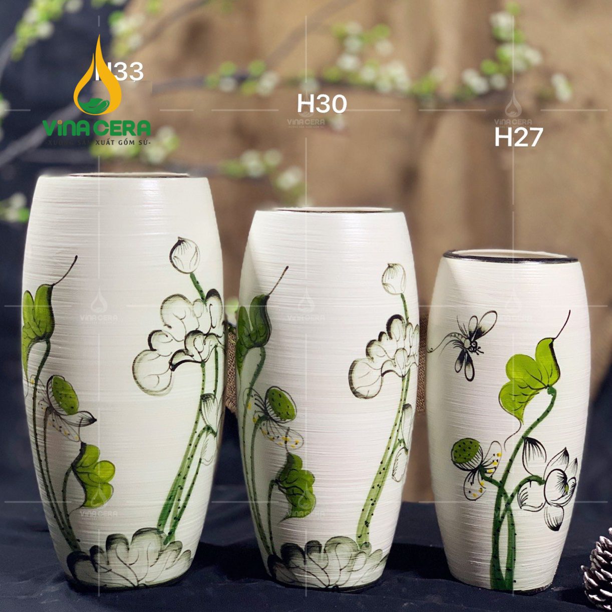 Bình Hoa Gốm Bát Tràng Vẽ Sen Chuồn - SVN BH 13042401 Bình Hoa Gốm Bát Tràng Vẽ Sen Chuồn