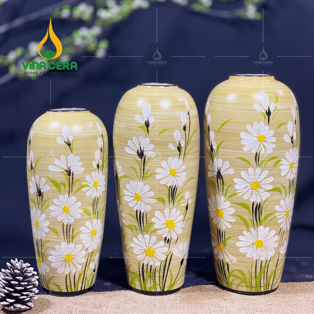 Bình Hoa Gốm Men Vàng Họa Tiết Vẽ Tay