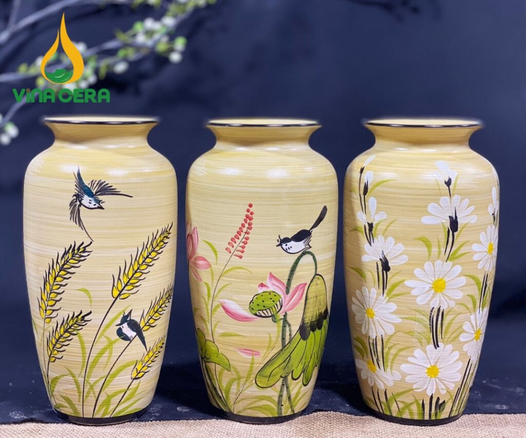 Bình Hoa Gốm Men Vàng Họa Tiết Vẽ Tay