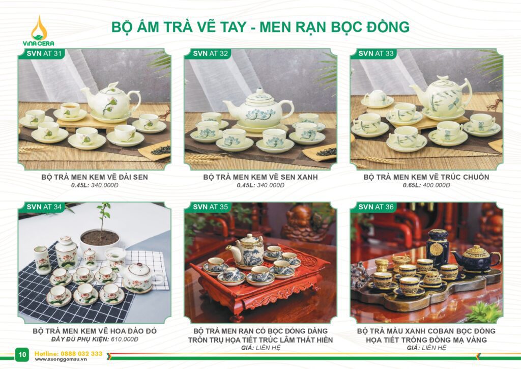 Catalog và Báo giá Bộ ấm trà vẽ tay - Men rạn bọc đồng