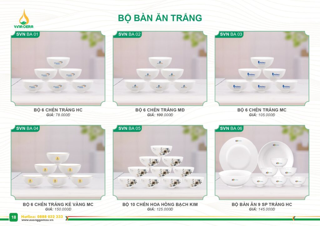 Catalog và Bảng giá Bộ chén đĩa trắng