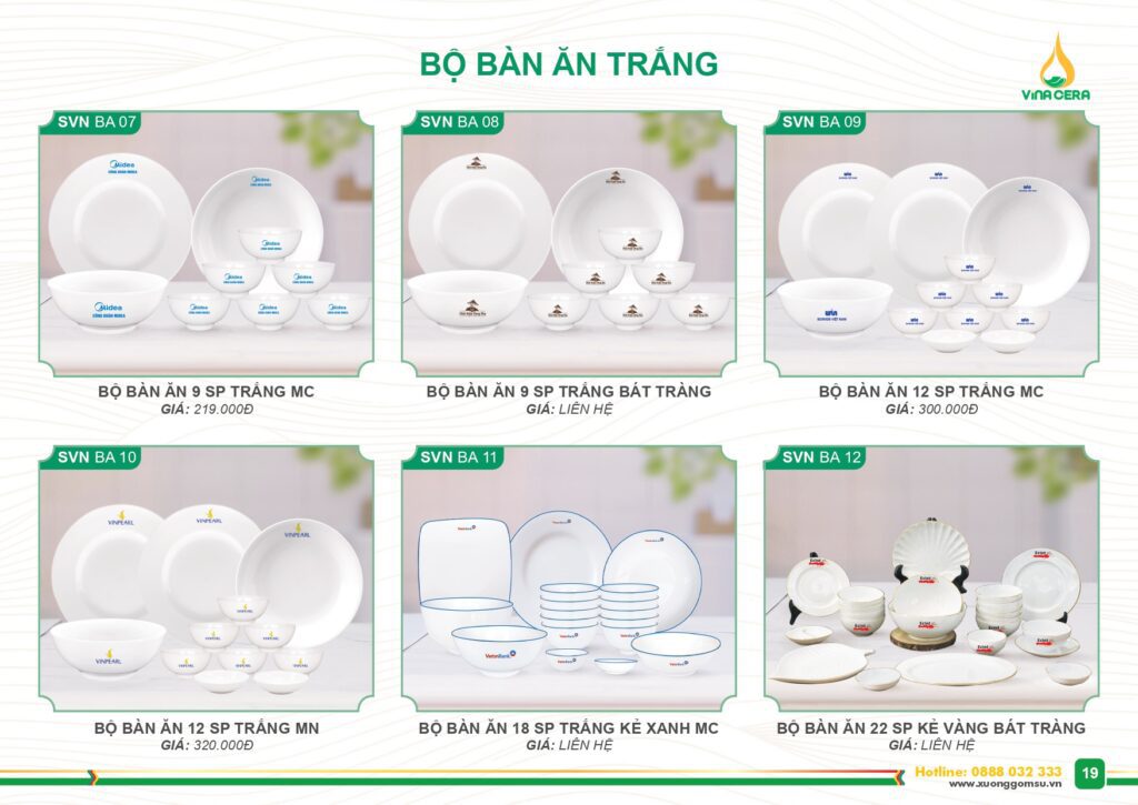 Catalog và Bảng giá Bộ chén đĩa trắng