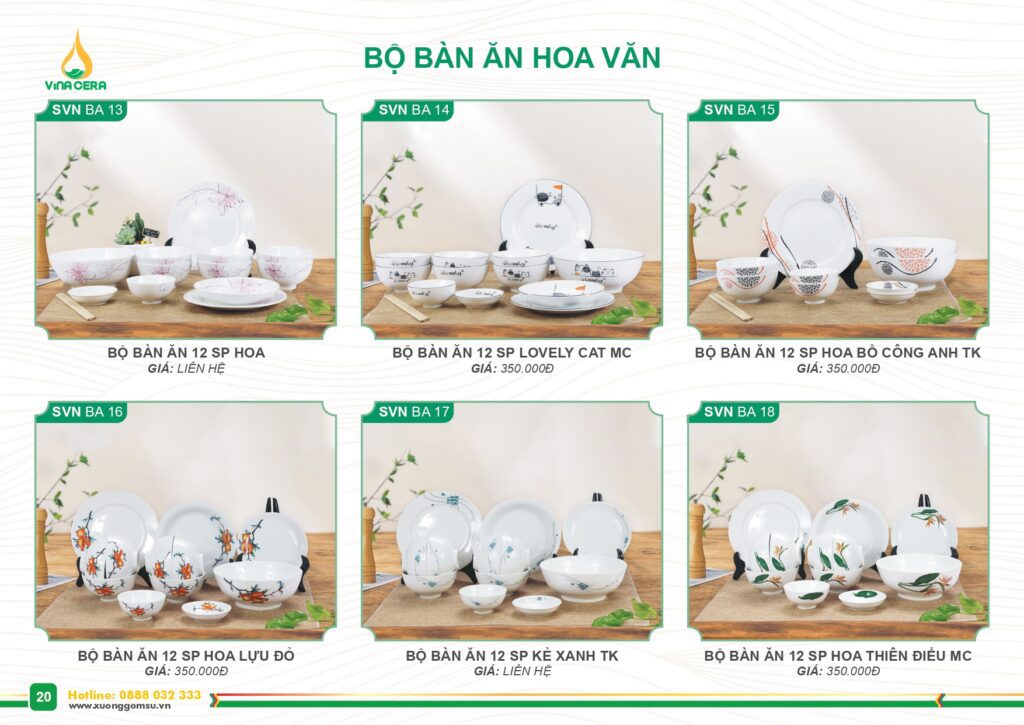 Catalog và Bảng giá Bộ chén đĩa hoa văn