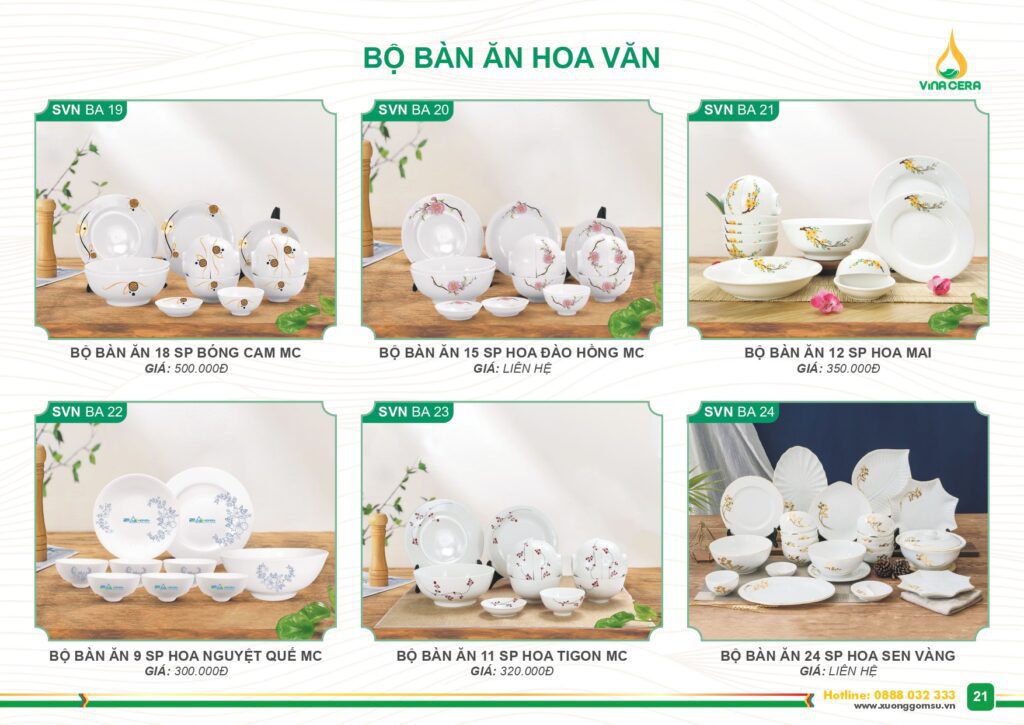 Catalog và Bảng giá Bộ chén đĩa hoa văn