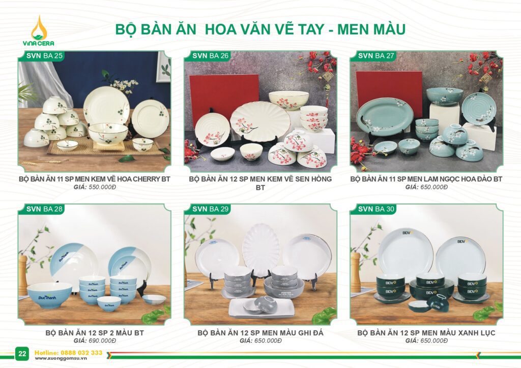 Catalog và Bảng giá Bộ chén đĩa hoa văn vẽ tay