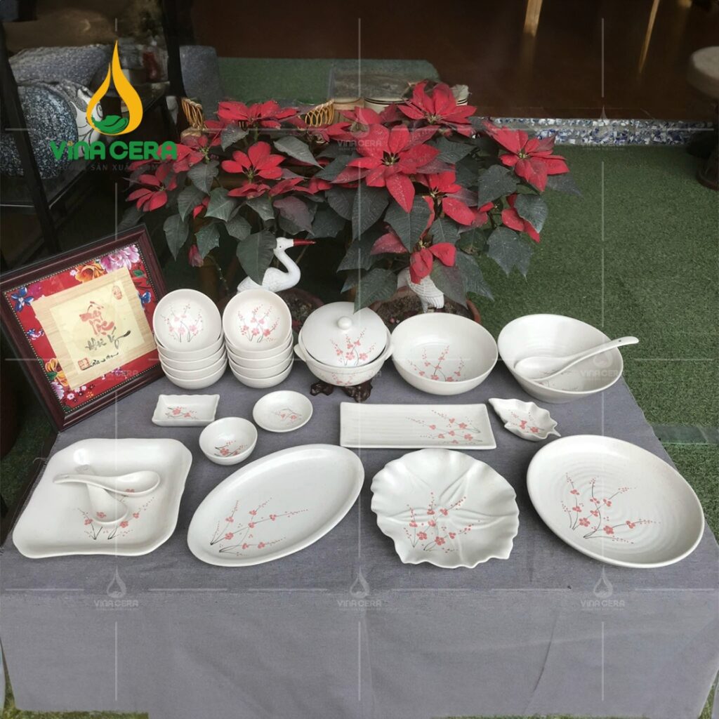 Bộ Chén Đĩa Men Gốm Hoa Đào - SVN BBA 04042402 bo ban an men gom hoa dao 10