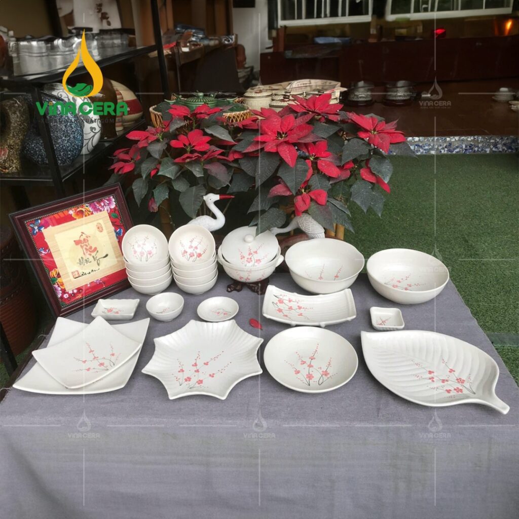 Bộ Chén Đĩa Men Gốm Hoa Đào - SVN BBA 04042402 bo ban an men gom hoa dao