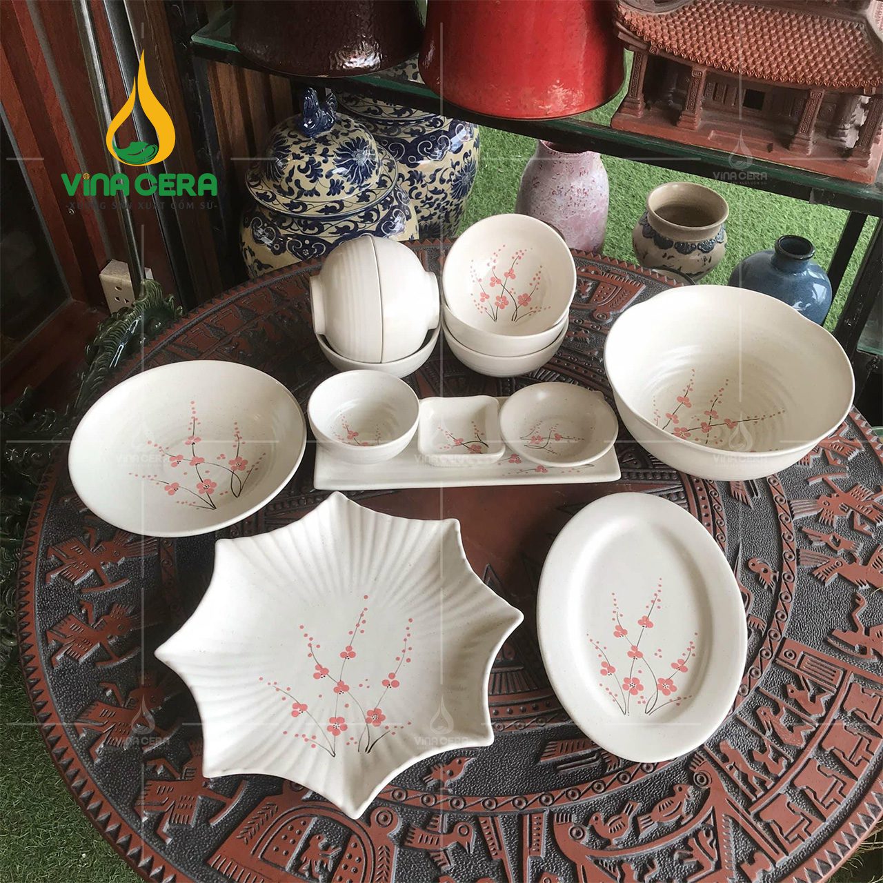 Bộ bàn ăn men gốm hoa đào