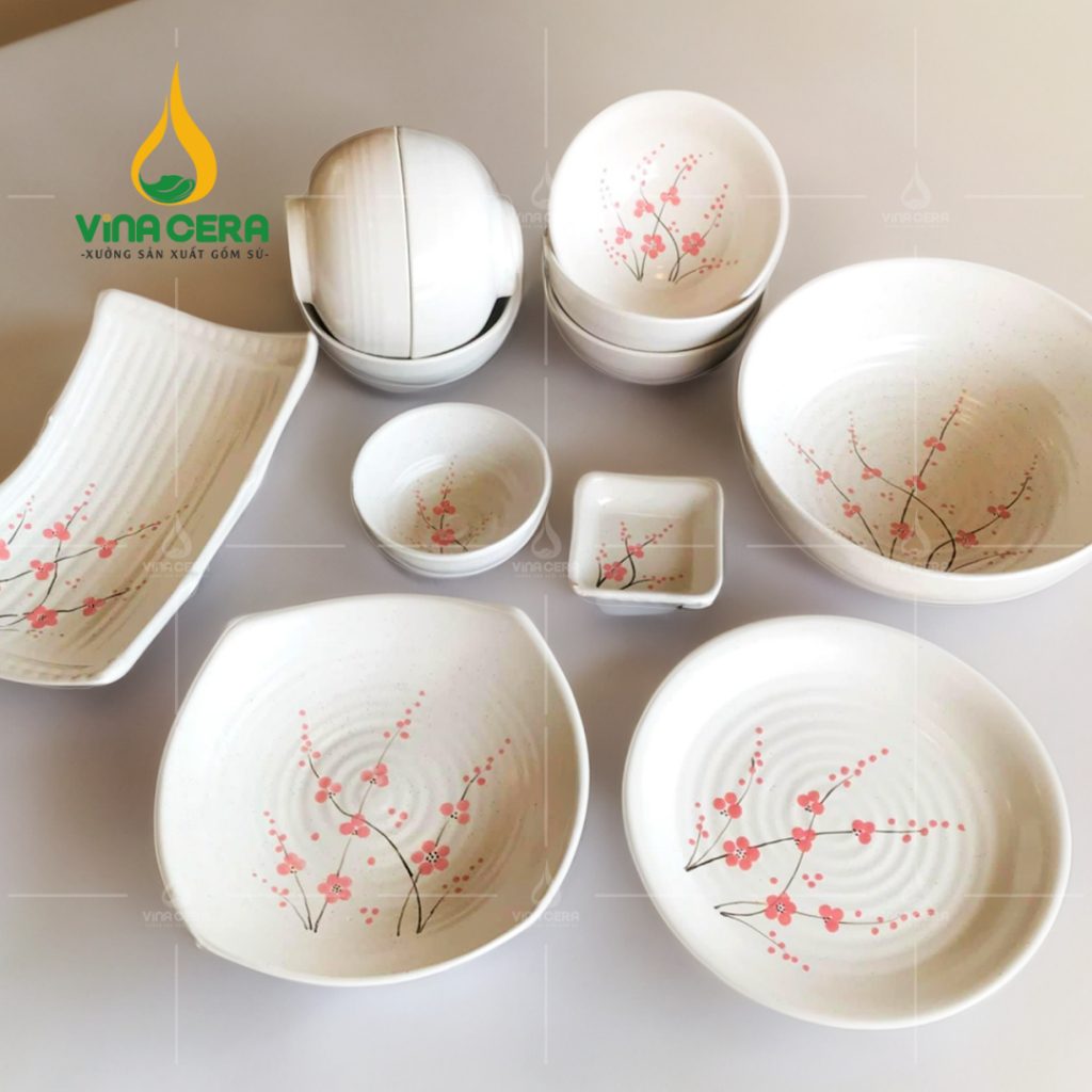 Bộ bàn ăn men gốm hoa đào