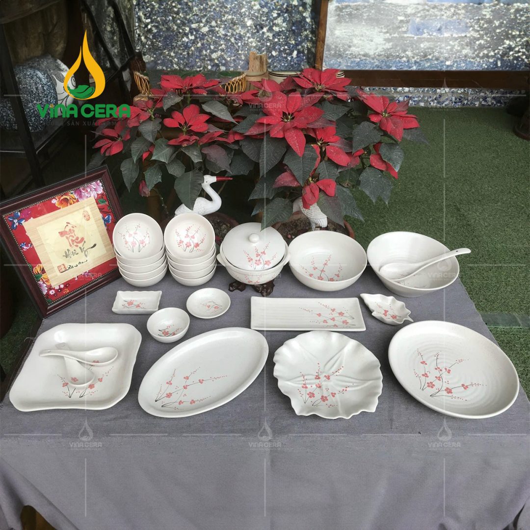 Bộ bàn ăn men gốm hoa đào