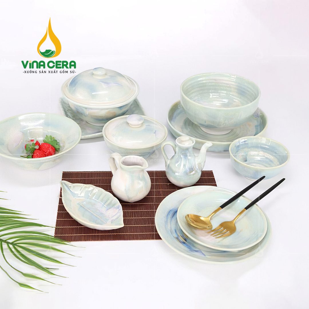 Bộ bàn ăn men hỏa biến ngọc trai