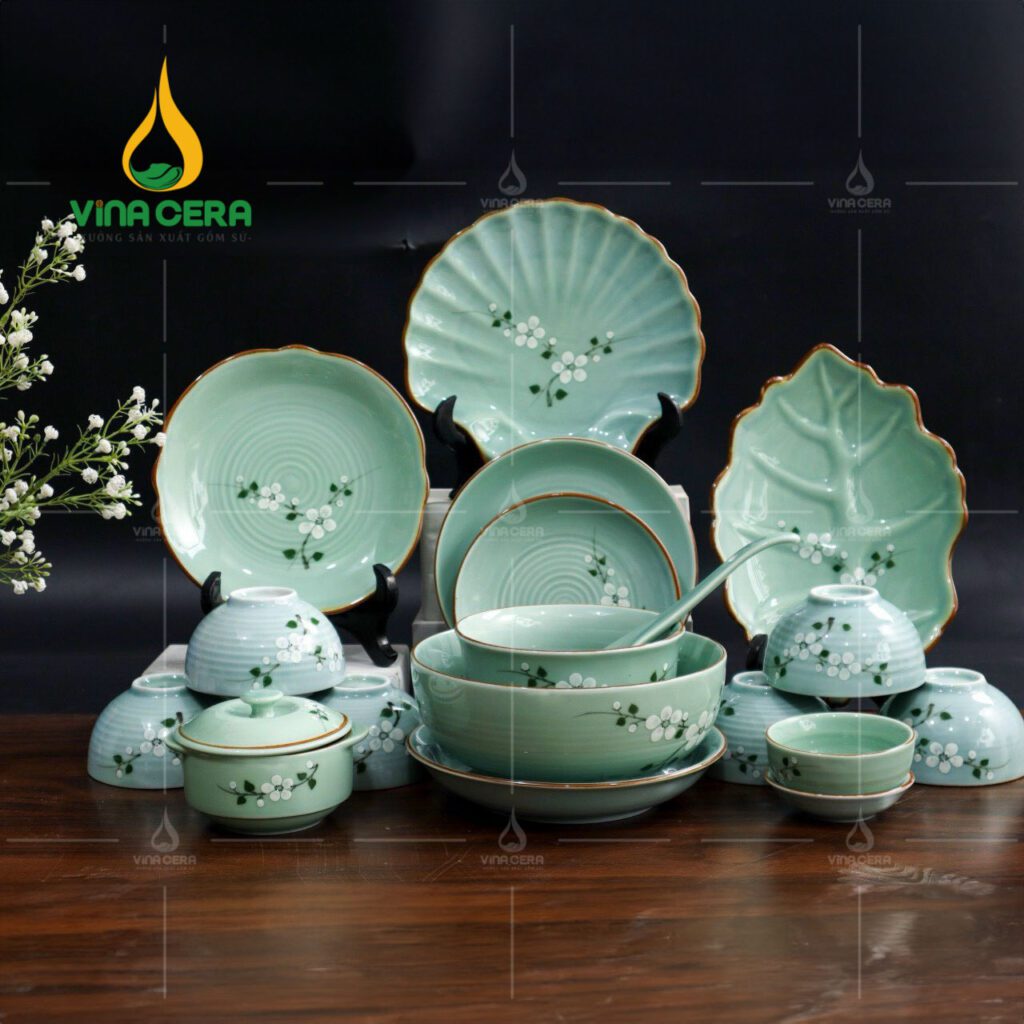 Chén Đĩa Sứ Men Ngọc Vẽ Hoa Đào - SVN BBA 02042403 bo ban an su men mau 17 sp 2