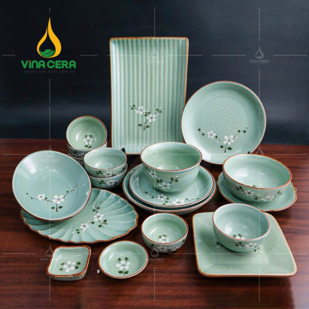 Chén Đĩa Sứ Men Ngọc Vẽ Hoa Đào - SVN BBA 02042403 bo ban an su men mau 19 sp